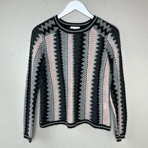 Minnie Rose 100% Cashmere Pink, Grey and Black Striped Crew Neck Sweater Size S
